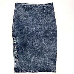 Pure Hype Women's Side Button Denim Pencil Skirt Blue Acid Washed Midi Large